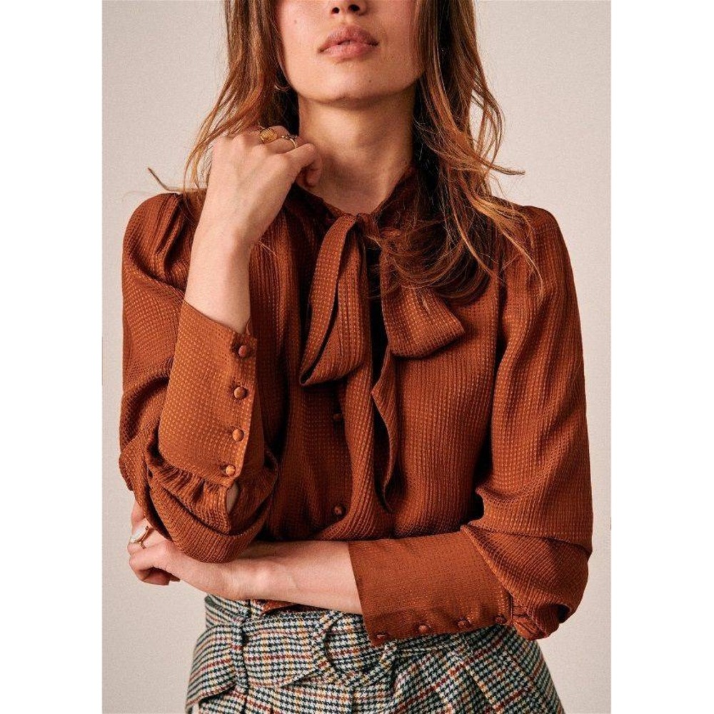 Sezane Laurya Blouse Womens 34 Noisette Brown Tie Neck Jacquard Button Down Top